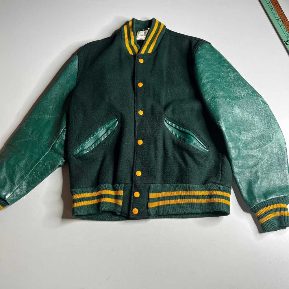 Vintage 60s 70s Green Wool Leather Varsity Letterman Jacket Mens 36 Yellow Snaps